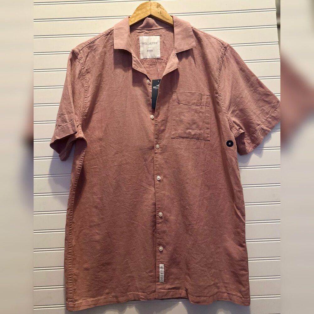Hollister NWT Men's Medium Light Red Short-Sleeve Linen-Blend Shirt